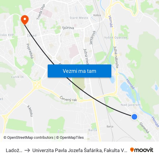 Ladožská to Univerzita Pavla Jozefa Šafárika, Fakulta Verejnej Správy map