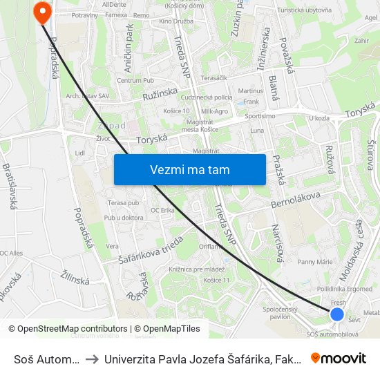 Soš Automobilová to Univerzita Pavla Jozefa Šafárika, Fakulta Verejnej Správy map