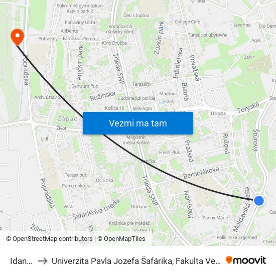 Idanská to Univerzita Pavla Jozefa Šafárika, Fakulta Verejnej Správy map