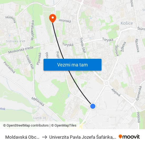 Moldavská Obchodné Centrá to Univerzita Pavla Jozefa Šafárika, Fakulta Verejnej Správy map