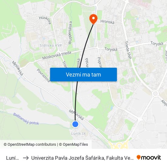 Luník IX to Univerzita Pavla Jozefa Šafárika, Fakulta Verejnej Správy map