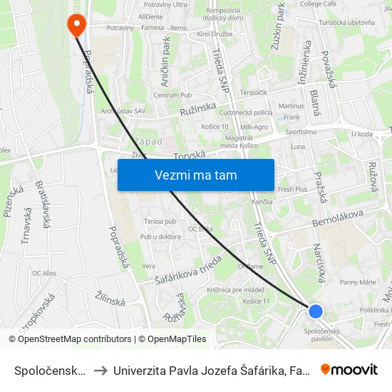 Spoločenský Pavilón to Univerzita Pavla Jozefa Šafárika, Fakulta Verejnej Správy map