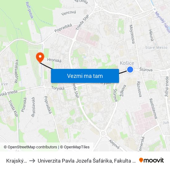 Krajský Súd to Univerzita Pavla Jozefa Šafárika, Fakulta Verejnej Správy map