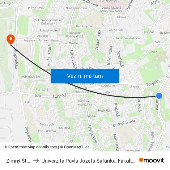 Zimný Štadión to Univerzita Pavla Jozefa Šafárika, Fakulta Verejnej Správy map