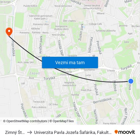 Zimný Štadión to Univerzita Pavla Jozefa Šafárika, Fakulta Verejnej Správy map