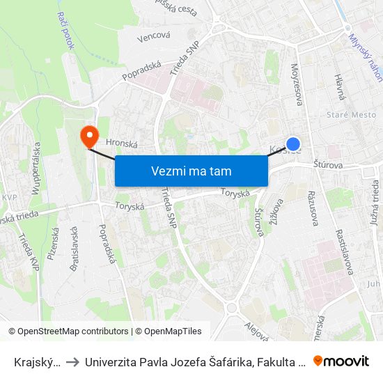 Krajský Súd to Univerzita Pavla Jozefa Šafárika, Fakulta Verejnej Správy map