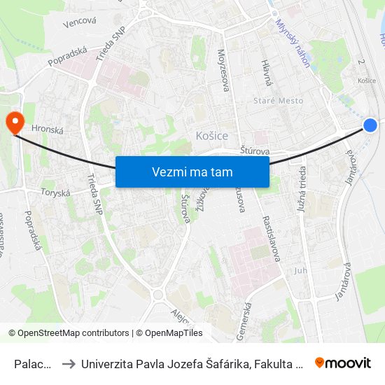 Palackého to Univerzita Pavla Jozefa Šafárika, Fakulta Verejnej Správy map