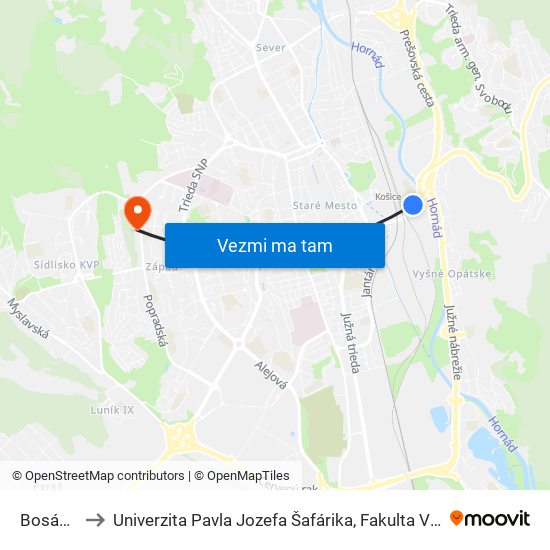 Bosákova to Univerzita Pavla Jozefa Šafárika, Fakulta Verejnej Správy map