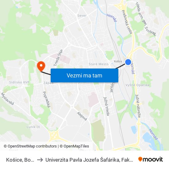 Košice, Bosákova to Univerzita Pavla Jozefa Šafárika, Fakulta Verejnej Správy map