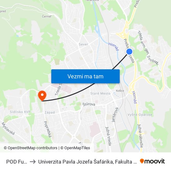 POD Furčou to Univerzita Pavla Jozefa Šafárika, Fakulta Verejnej Správy map