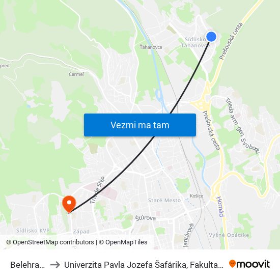 Belehradská to Univerzita Pavla Jozefa Šafárika, Fakulta Verejnej Správy map