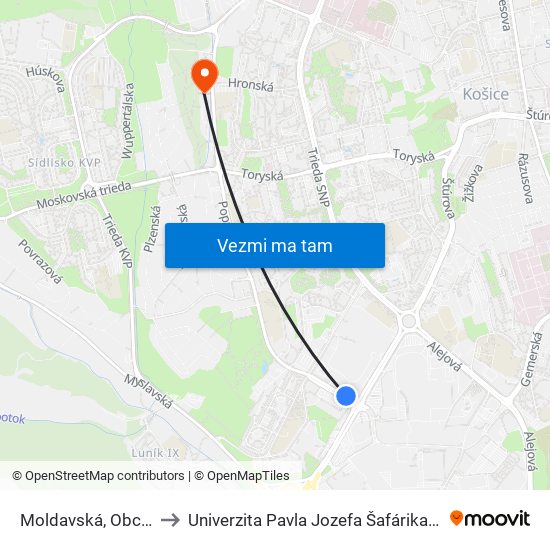 Moldavská, Obchodné Centrá to Univerzita Pavla Jozefa Šafárika, Fakulta Verejnej Správy map