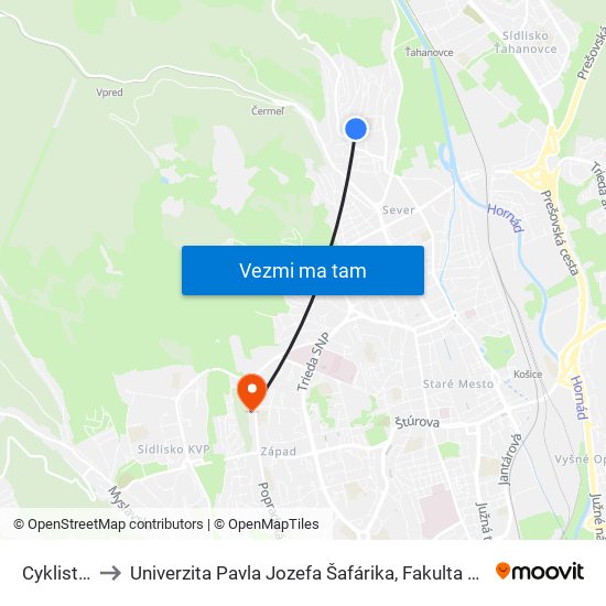 Cyklistická to Univerzita Pavla Jozefa Šafárika, Fakulta Verejnej Správy map