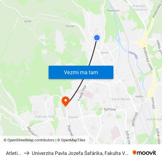 Atletická to Univerzita Pavla Jozefa Šafárika, Fakulta Verejnej Správy map