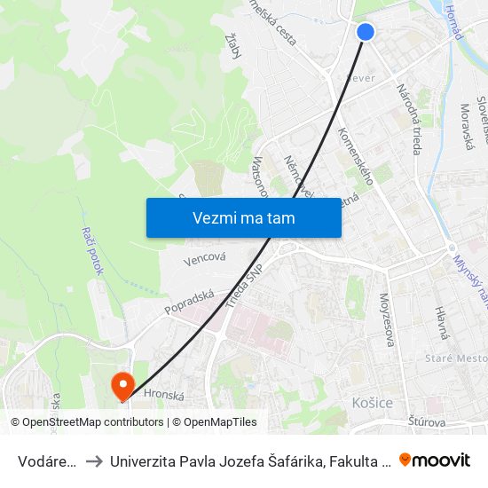 Vodárenská to Univerzita Pavla Jozefa Šafárika, Fakulta Verejnej Správy map