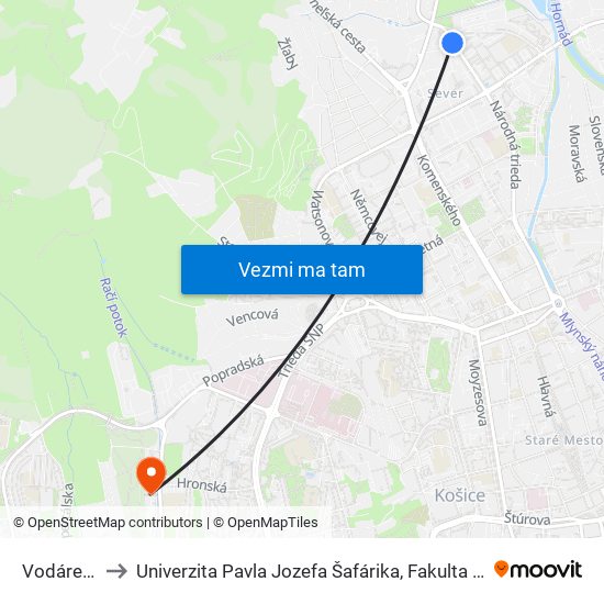 Vodárenská to Univerzita Pavla Jozefa Šafárika, Fakulta Verejnej Správy map