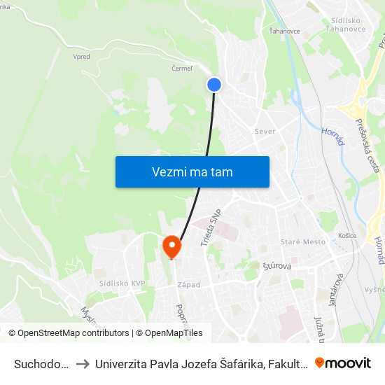 Suchodolínská to Univerzita Pavla Jozefa Šafárika, Fakulta Verejnej Správy map