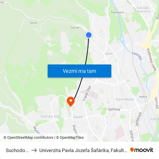 Suchodolínská to Univerzita Pavla Jozefa Šafárika, Fakulta Verejnej Správy map