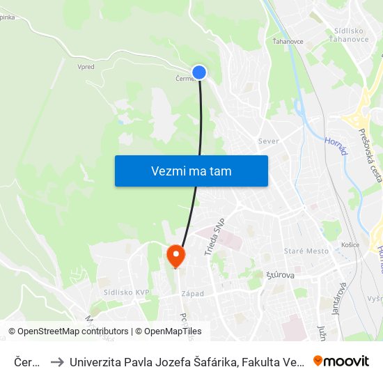 Čermeľ to Univerzita Pavla Jozefa Šafárika, Fakulta Verejnej Správy map