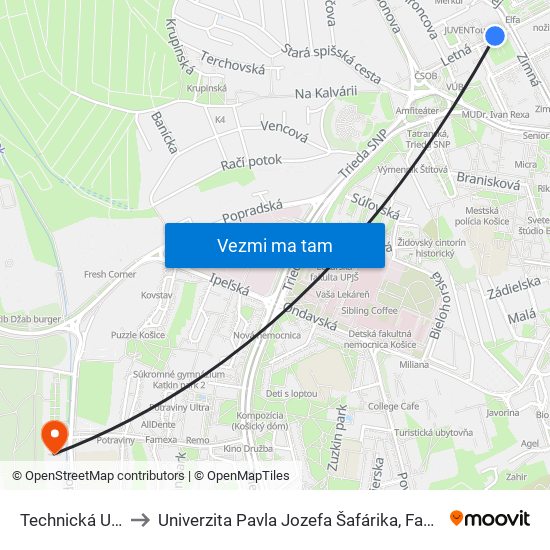 Technická Univerzita to Univerzita Pavla Jozefa Šafárika, Fakulta Verejnej Správy map