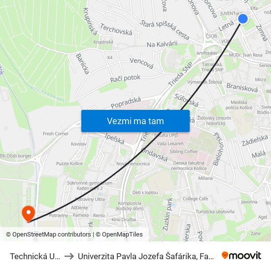 Technická Univerzita to Univerzita Pavla Jozefa Šafárika, Fakulta Verejnej Správy map