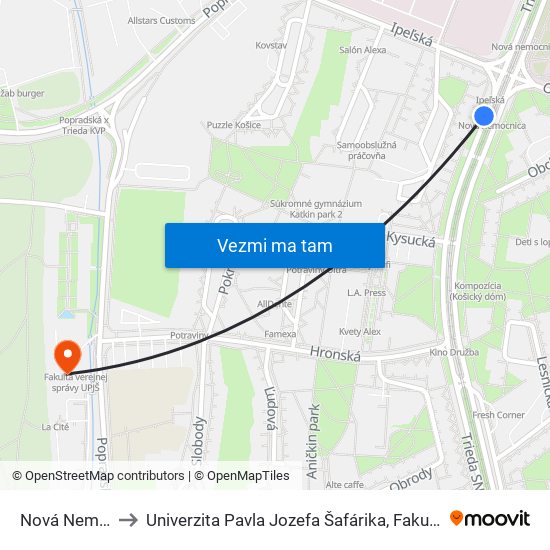 Nová Nemocnica to Univerzita Pavla Jozefa Šafárika, Fakulta Verejnej Správy map