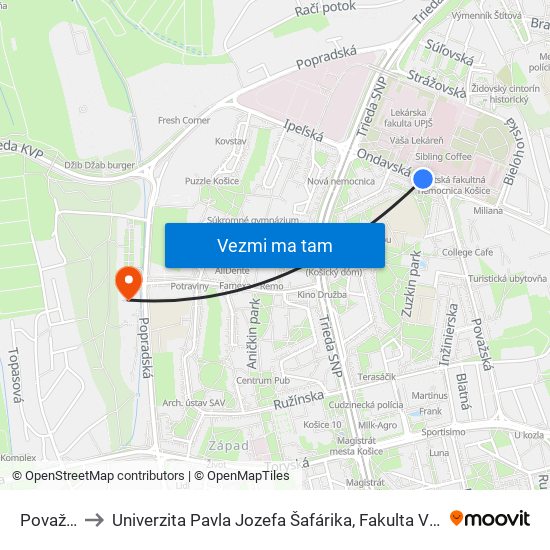 Považská to Univerzita Pavla Jozefa Šafárika, Fakulta Verejnej Správy map