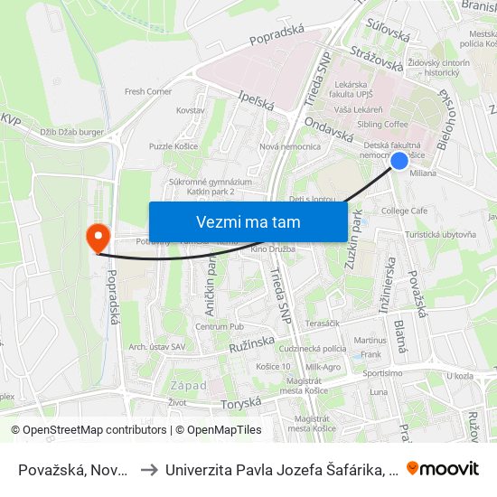 Považská, Nová Nemocnica to Univerzita Pavla Jozefa Šafárika, Fakulta Verejnej Správy map