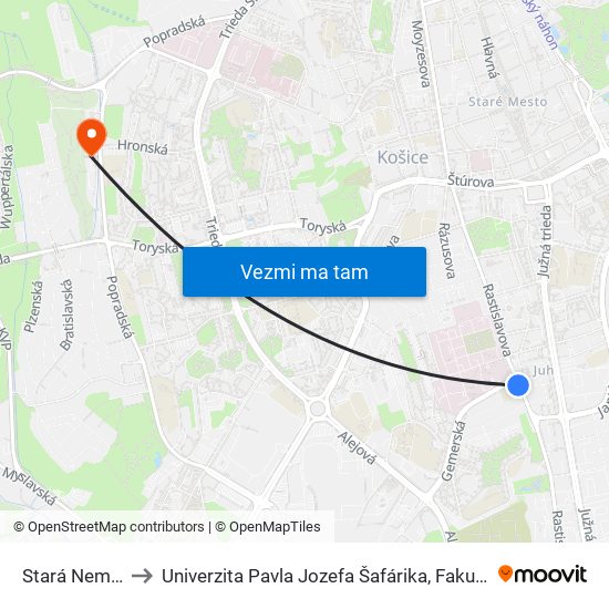 Stará Nemocnica to Univerzita Pavla Jozefa Šafárika, Fakulta Verejnej Správy map