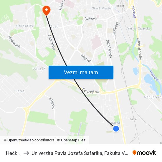 Hečkova to Univerzita Pavla Jozefa Šafárika, Fakulta Verejnej Správy map