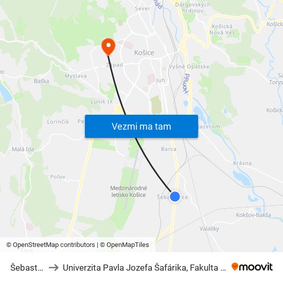 Šebastovce to Univerzita Pavla Jozefa Šafárika, Fakulta Verejnej Správy map