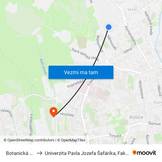 Botanická Záhrada to Univerzita Pavla Jozefa Šafárika, Fakulta Verejnej Správy map