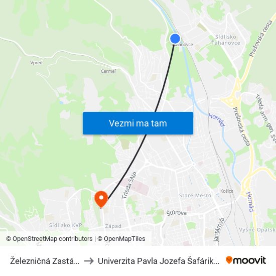 Železničná Zastávka Ťahanovce to Univerzita Pavla Jozefa Šafárika, Fakulta Verejnej Správy map