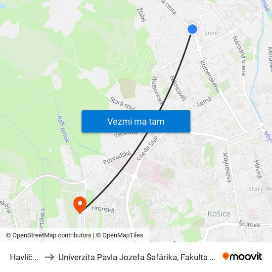 Havlíčkova to Univerzita Pavla Jozefa Šafárika, Fakulta Verejnej Správy map