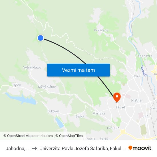 Jahodná, Chata to Univerzita Pavla Jozefa Šafárika, Fakulta Verejnej Správy map