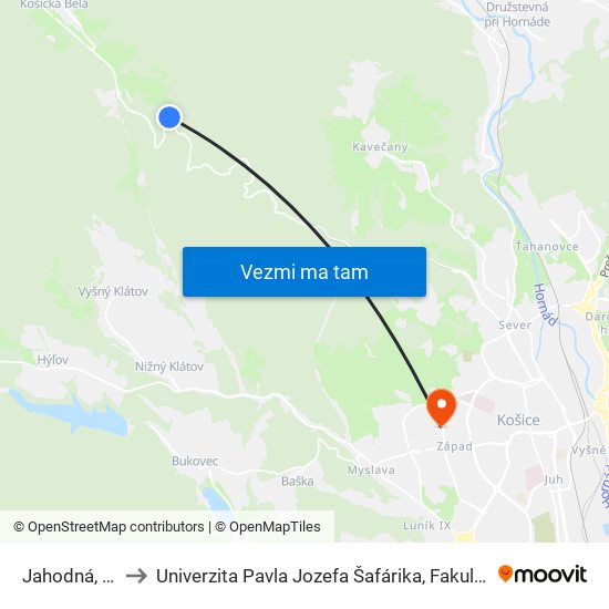 Jahodná, Kopec to Univerzita Pavla Jozefa Šafárika, Fakulta Verejnej Správy map