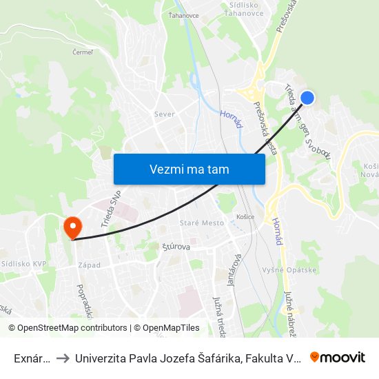 Exnárova to Univerzita Pavla Jozefa Šafárika, Fakulta Verejnej Správy map