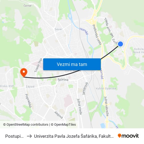 Postupimská to Univerzita Pavla Jozefa Šafárika, Fakulta Verejnej Správy map