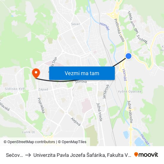 Sečovská to Univerzita Pavla Jozefa Šafárika, Fakulta Verejnej Správy map