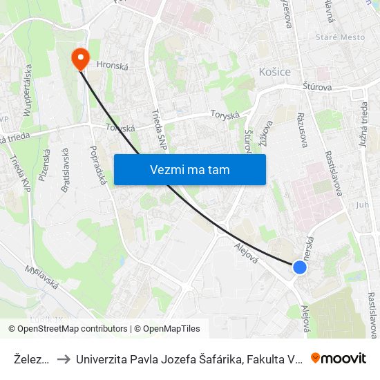 Železníky to Univerzita Pavla Jozefa Šafárika, Fakulta Verejnej Správy map