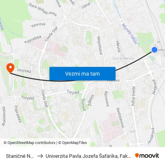 Staničné Námestie to Univerzita Pavla Jozefa Šafárika, Fakulta Verejnej Správy map