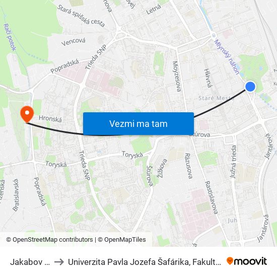 Jakabov Palác to Univerzita Pavla Jozefa Šafárika, Fakulta Verejnej Správy map