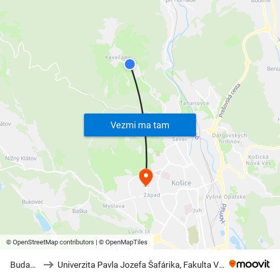 Budanová to Univerzita Pavla Jozefa Šafárika, Fakulta Verejnej Správy map