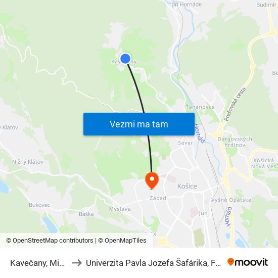 Kavečany, Miestny Úrad to Univerzita Pavla Jozefa Šafárika, Fakulta Verejnej Správy map