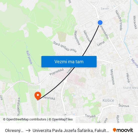 Okresný Úrad to Univerzita Pavla Jozefa Šafárika, Fakulta Verejnej Správy map