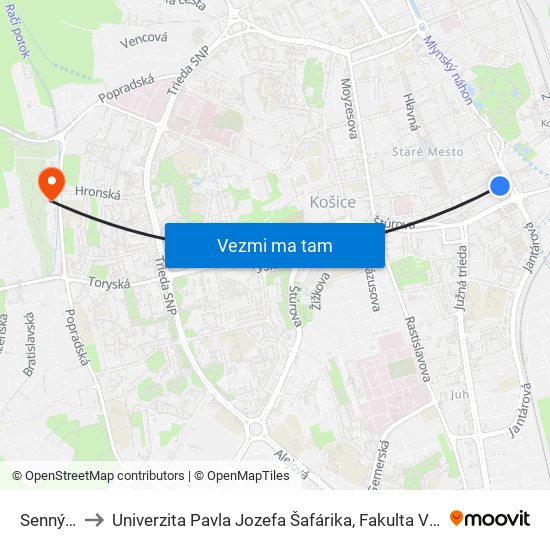 Senný Trh to Univerzita Pavla Jozefa Šafárika, Fakulta Verejnej Správy map