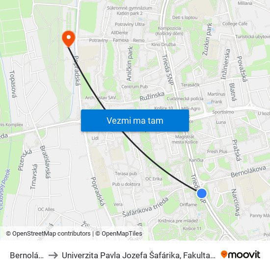 Bernolákova to Univerzita Pavla Jozefa Šafárika, Fakulta Verejnej Správy map