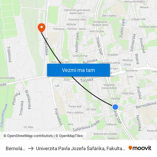 Bernolákova to Univerzita Pavla Jozefa Šafárika, Fakulta Verejnej Správy map