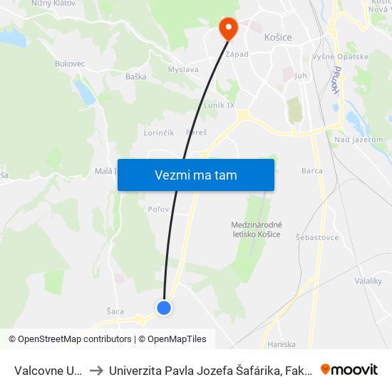 Valcovne U.S. Steel to Univerzita Pavla Jozefa Šafárika, Fakulta Verejnej Správy map