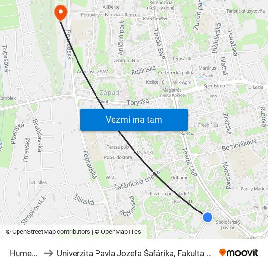 Humenská to Univerzita Pavla Jozefa Šafárika, Fakulta Verejnej Správy map